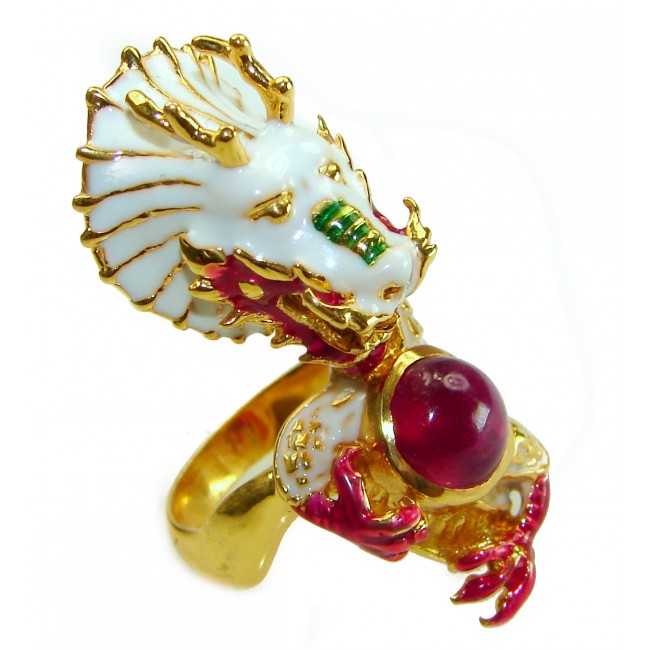 Dragon - symbolizes supernatural power- Enamel Ruby 18K Gold over .925 Sterling Silver Huge handcrafted Ring s. 8