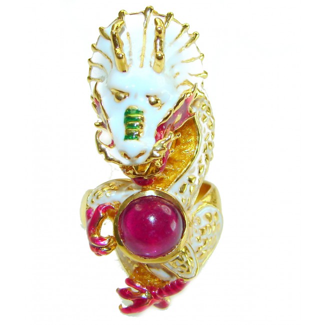 Dragon - symbolizes supernatural power- Enamel Ruby 18K Gold over .925 Sterling Silver Huge handcrafted Ring s. 8