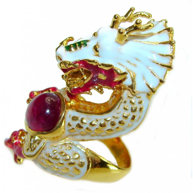 Dragon - symbolizes supernatural power- Enamel Ruby 18K Gold over .925 Sterling Silver Huge handcrafted Ring s. 8