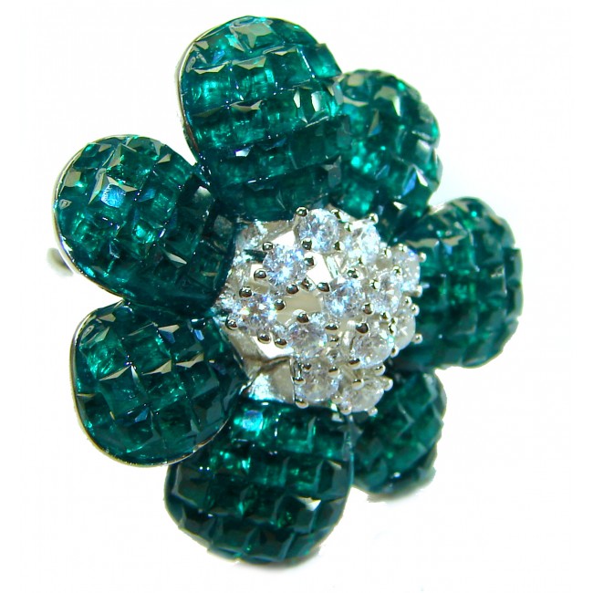 Fancy Flower Authentic Emerald .925 Sterling Silver handmade Statement Ring size 6 1/4