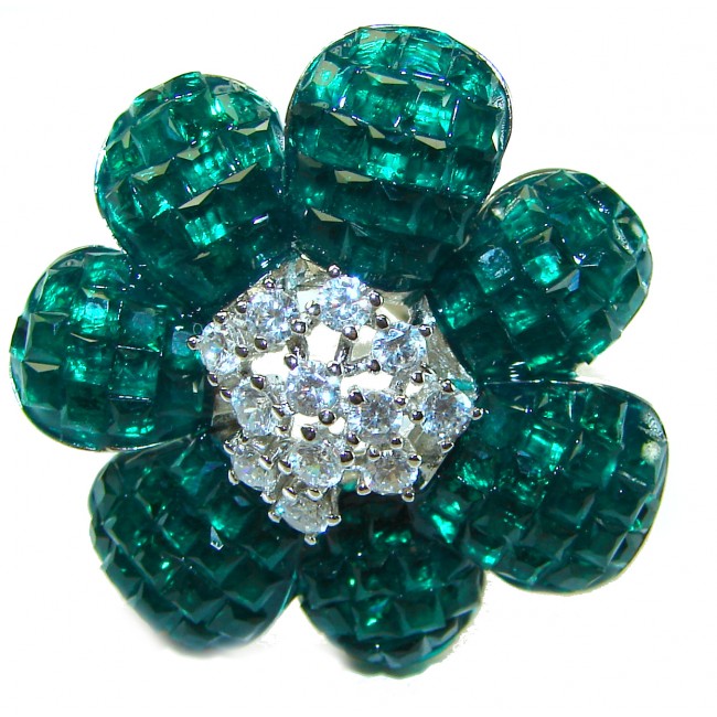 Fancy Flower Authentic Emerald .925 Sterling Silver handmade Statement Ring size 6 1/4