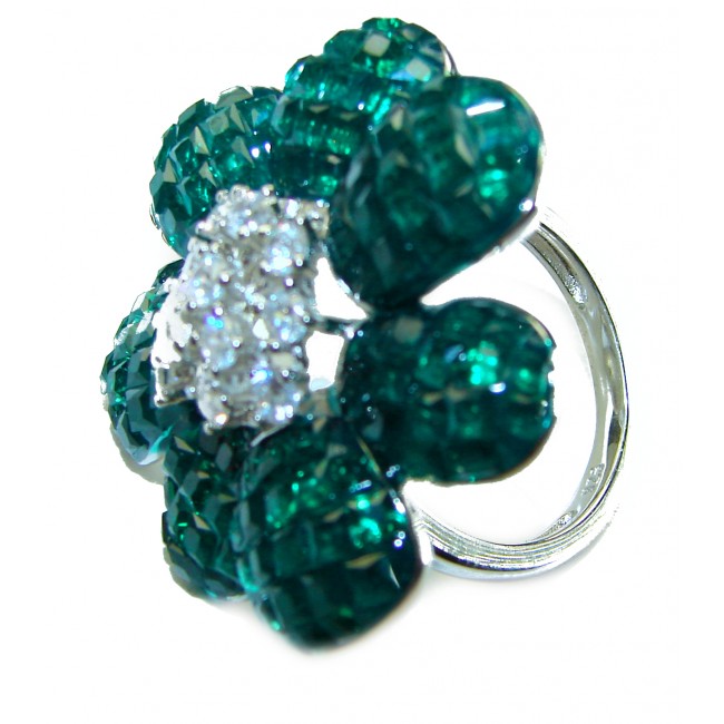 Fancy Flower Authentic Emerald .925 Sterling Silver handmade Statement Ring size 6 1/4