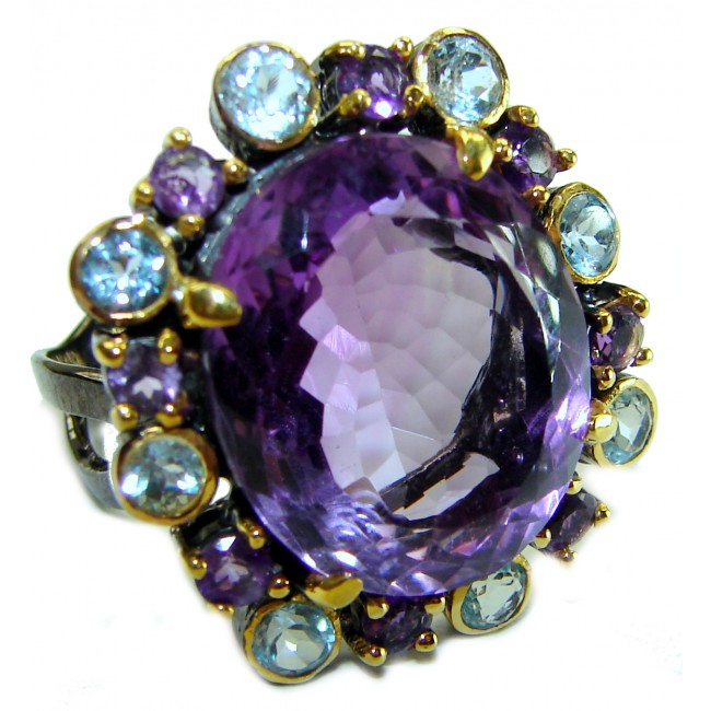 Dramatic design 40.8 carat Amethyst black rhodium over .925 Sterling Silver Handcrafted Ring size 8