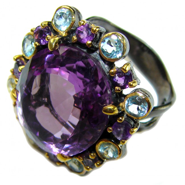 Dramatic design 40.8 carat Amethyst black rhodium over .925 Sterling Silver Handcrafted Ring size 8