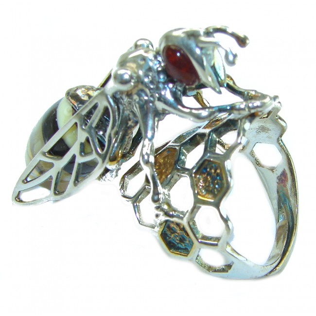 Masterpiece Honey Bee Baltic Polish Amber .925 Sterling Silver handcrafted HUGE ring; s 8 adjustable