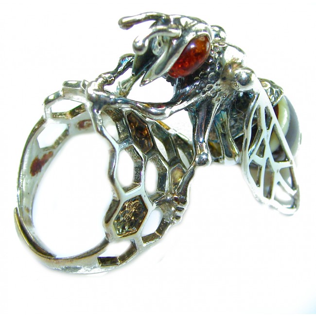 Masterpiece Honey Bee Baltic Polish Amber .925 Sterling Silver handcrafted HUGE ring; s 8 adjustable