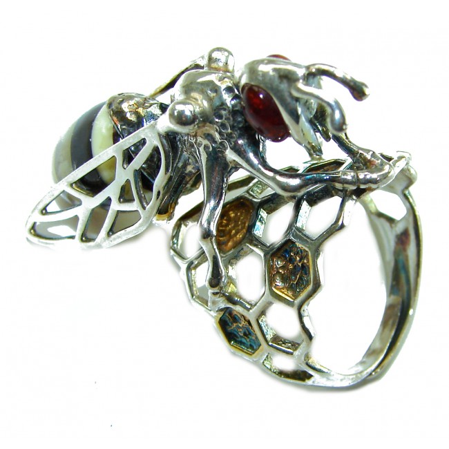 Masterpiece Honey Bee Baltic Polish Amber .925 Sterling Silver handcrafted HUGE ring; s 8 adjustable