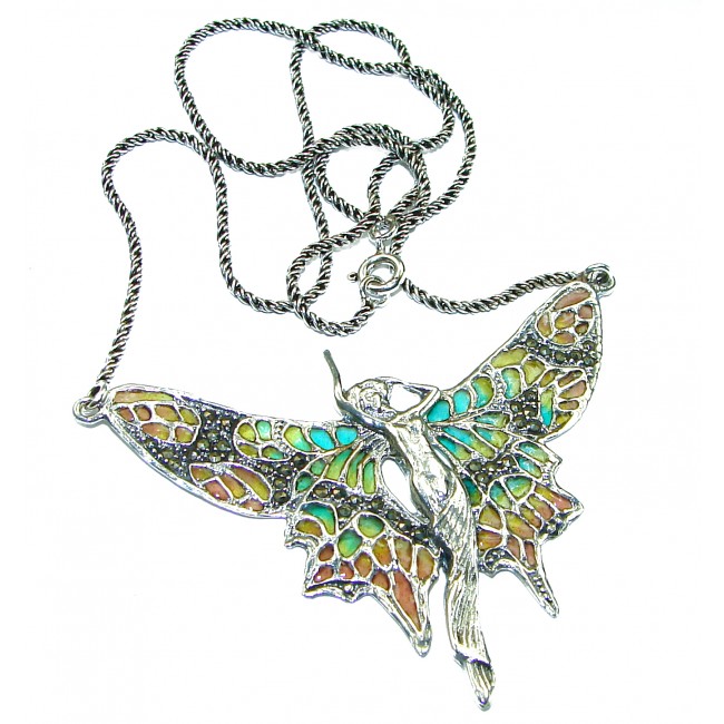 Awesome Flying Fairy Natural Enamel .925 Silver handcrafted Necklace