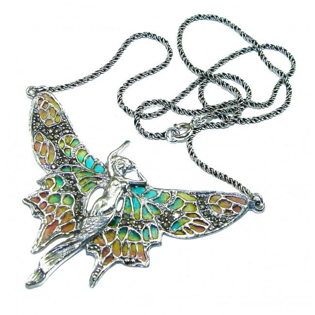 Awesome Flying Fairy Natural Enamel .925 Silver handcrafted Necklace