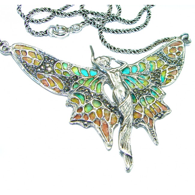 Awesome Flying Fairy Natural Enamel .925 Silver handcrafted Necklace