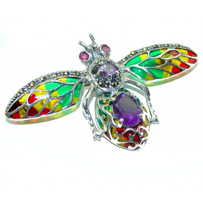 Precious Bee genuine Amethyst Enamel .925 Sterling Silver handmade Pendant - Brooch