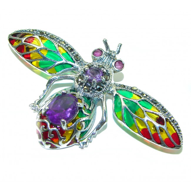 Precious Bee genuine Amethyst Enamel .925 Sterling Silver handmade Pendant - Brooch