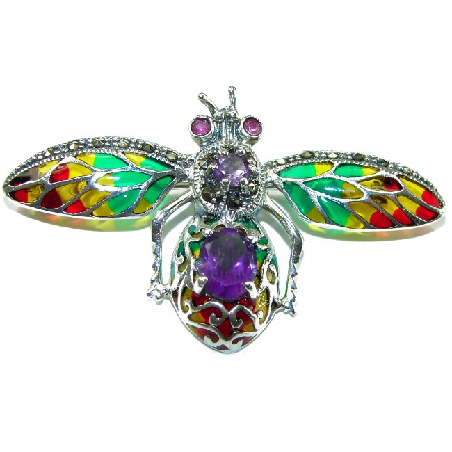 Precious Bee genuine Amethyst Enamel .925 Sterling Silver handmade Pendant - Brooch