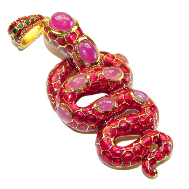 INCREDIBLE Natural Ruby Enamel Snake 18K Gold over .925 Sterling Silver Pendant