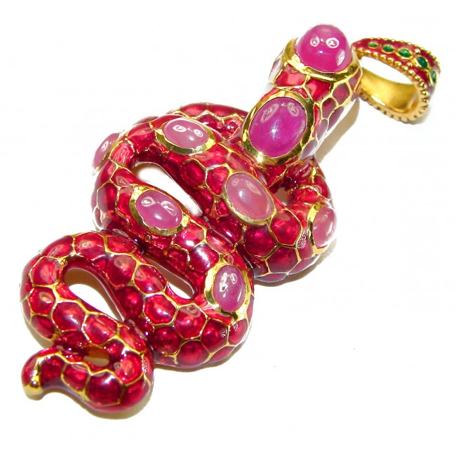 INCREDIBLE Natural Ruby Enamel Snake 18K Gold over .925 Sterling Silver Pendant