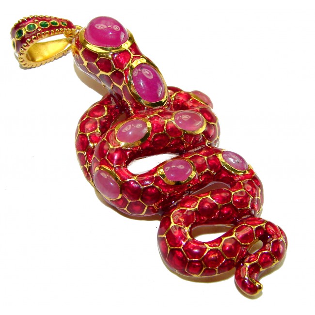 INCREDIBLE Natural Ruby Enamel Snake 18K Gold over .925 Sterling Silver Pendant