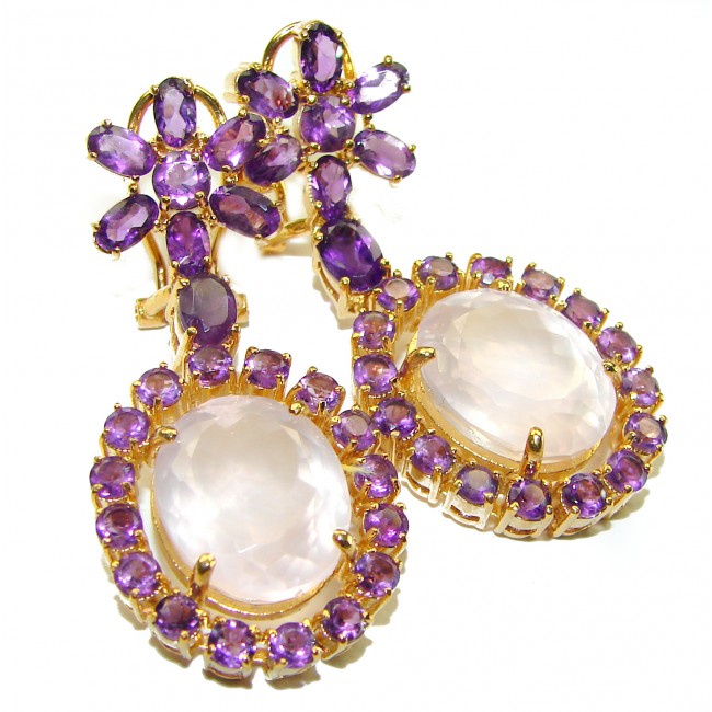 Pink Cascade authentic 14.2 carat Rose Quartz 14K Gold over .925 Silver handcrafted Statement earrings