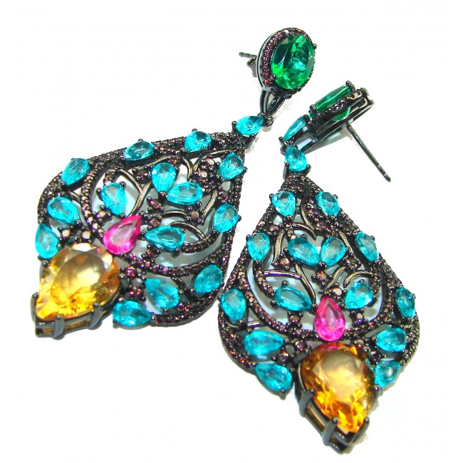 Blue Neon Paraiba Tourmaline black rhodium over .925 Sterling Silver handmade Large Statement earrings