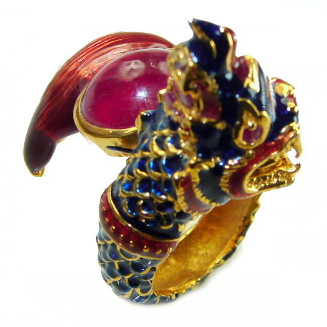 Dragon - symbolizes supernatural power- Enamel Ruby 18K Gold over .925 Sterling Silver Huge handcrafted Ring s. 8