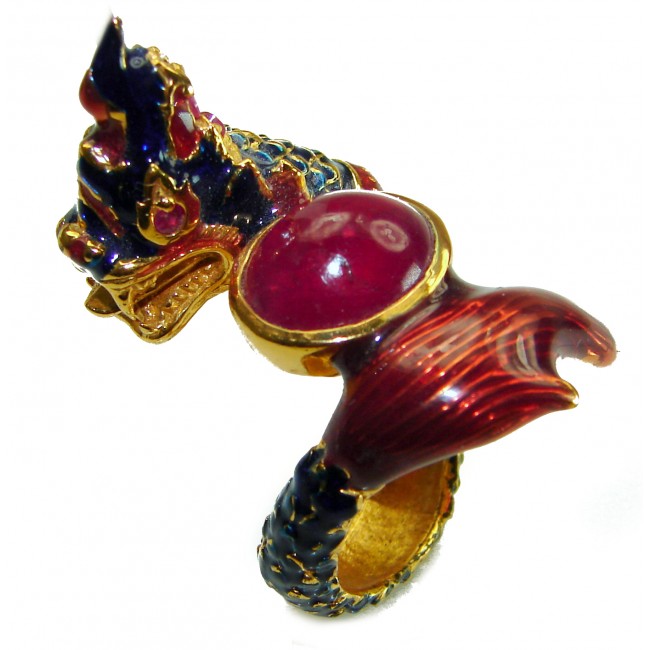 Dragon - symbolizes supernatural power- Enamel Ruby 18K Gold over .925 Sterling Silver Huge handcrafted Ring s. 8