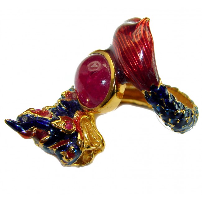 Dragon - symbolizes supernatural power- Enamel Ruby 18K Gold over .925 Sterling Silver Huge handcrafted Ring s. 8