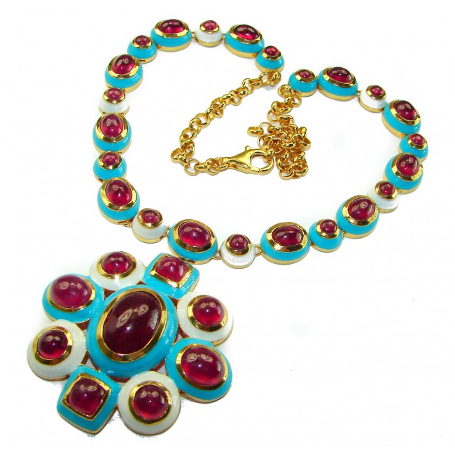 Infinity Authentic 145.2 carat Ruby Inlay Sleeping Beauty Turquoise 24 carat Gold over .925 Sterling Silver handcrafted large Statement necklace