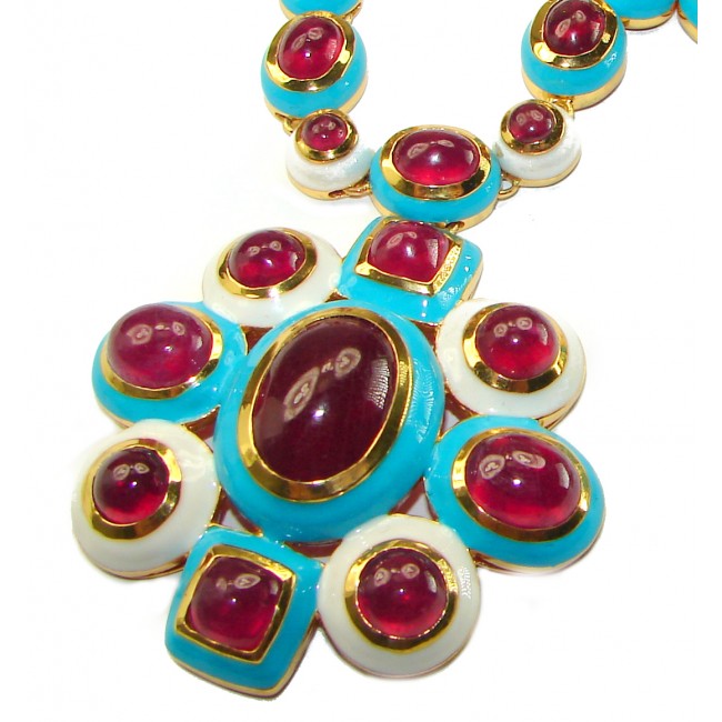 Infinity Authentic 145.2 carat Ruby Inlay Sleeping Beauty Turquoise 24 carat Gold over .925 Sterling Silver handcrafted large Statement necklace