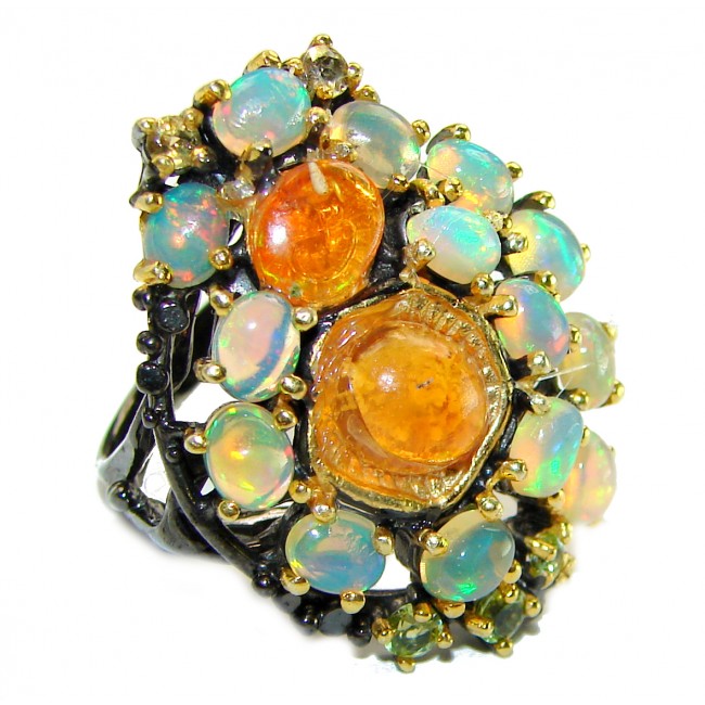 Mesmerizing Fire best quality Mexican Opal Ethiopian Opal black rhodium over .925 Sterling Silver handmade ring 8