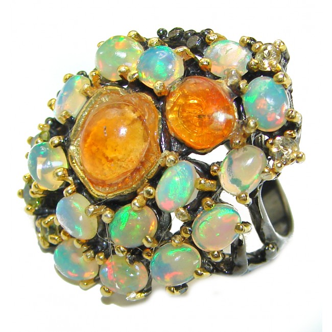 Mesmerizing Fire best quality Mexican Opal Ethiopian Opal black rhodium over .925 Sterling Silver handmade ring 8