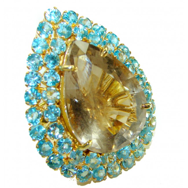 Alessandra 127.5 carat Champagne Smoky Topaz Swiss Blue Topaz 18K Gold over .925 Sterling Silver Oversized Ring size 8