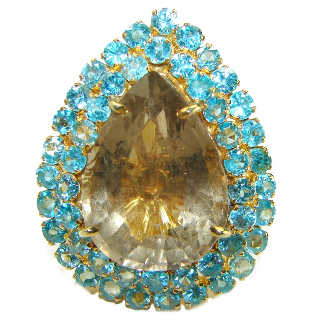 Alessandra 127.5 carat Champagne Smoky Topaz Swiss Blue Topaz 18K Gold over .925 Sterling Silver Oversized Ring size 8