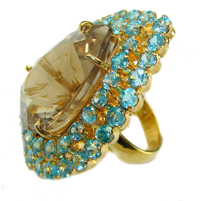 Alessandra 127.5 carat Champagne Smoky Topaz Swiss Blue Topaz 18K Gold over .925 Sterling Silver Oversized Ring size 8