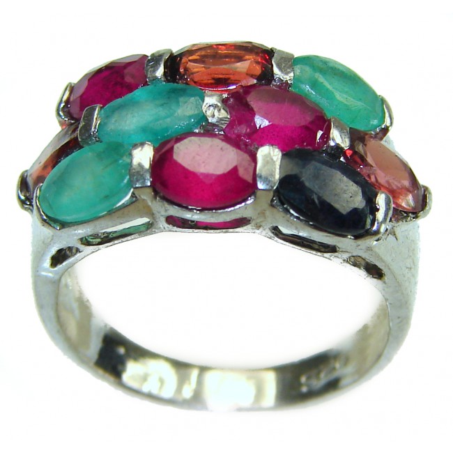 Precious Genuine Ruby Emerald Sapphire .925 Sterling Silver handmade ring size 7 3/4