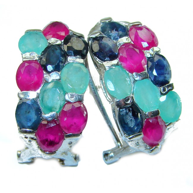 Precious Genuine Ruby Emerald Sapphire .925 Sterling Silver handmade earrings