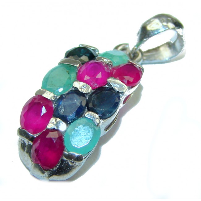 Precious Genuine Ruby Emerald Sapphire .925 Sterling Silver handmade Pendant