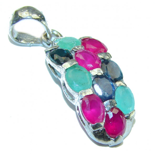 Precious Genuine Ruby Emerald Sapphire .925 Sterling Silver handmade Pendant