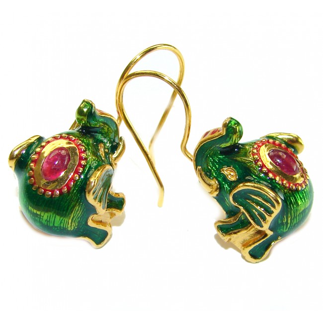 Very Unique Elephants Ruby Enamel 18K Gold over .925 Sterling Silver handcrafted earrings