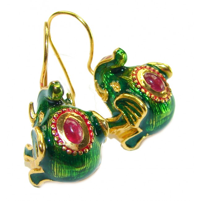 Very Unique Elephants Ruby Enamel 18K Gold over .925 Sterling Silver handcrafted earrings