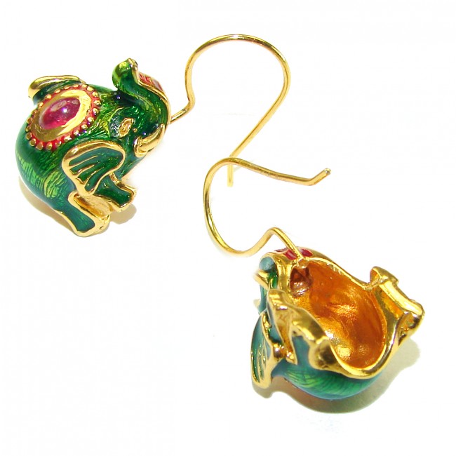 Very Unique Elephants Ruby Enamel 18K Gold over .925 Sterling Silver handcrafted earrings