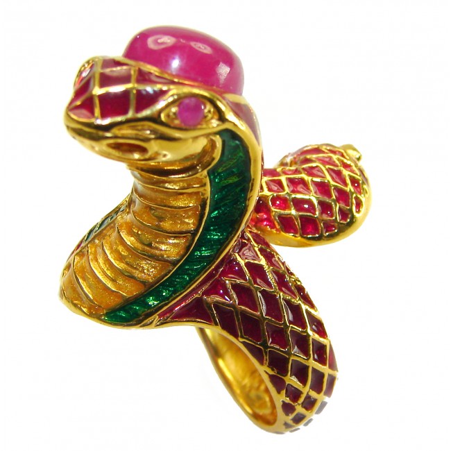 Red Cobra Snake Ruby Enamel 18K Gold over .925 Sterling Silver Huge handcrafted Ring s. 7