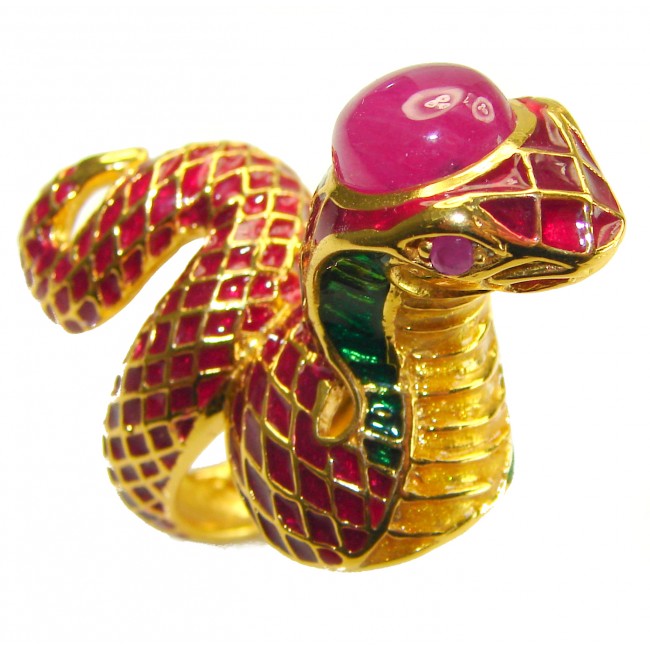 Red Cobra Snake Ruby Enamel 18K Gold over .925 Sterling Silver Huge handcrafted Ring s. 7