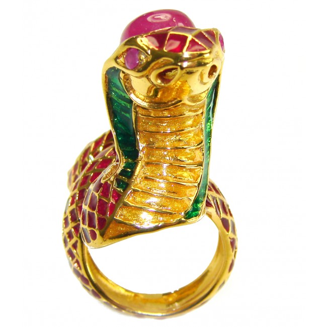 Red Cobra Snake Ruby Enamel 18K Gold over .925 Sterling Silver Huge handcrafted Ring s. 7