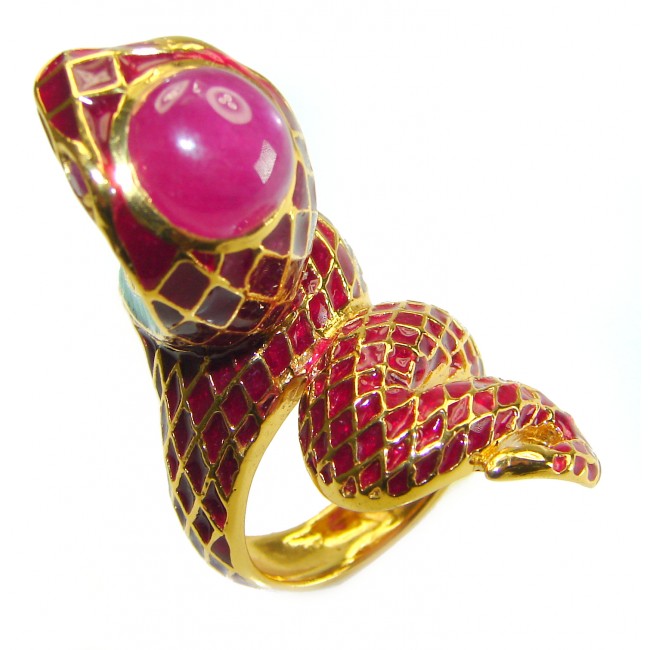 Red Cobra Snake Ruby Enamel 18K Gold over .925 Sterling Silver Huge handcrafted Ring s. 7