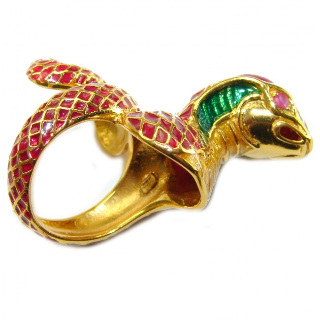 Red Cobra Snake Ruby Enamel 18K Gold over .925 Sterling Silver Huge handcrafted Ring s. 7