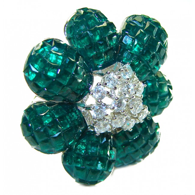 Fancy Flower Authentic Emerald .925 Sterling Silver handmade Statement Ring size 8 1/4