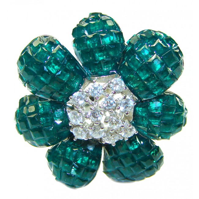 Fancy Flower Authentic Emerald .925 Sterling Silver handmade Statement Ring size 8 1/4