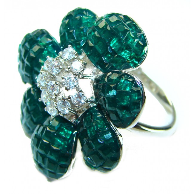 Fancy Flower Authentic Emerald .925 Sterling Silver handmade Statement Ring size 8 1/4