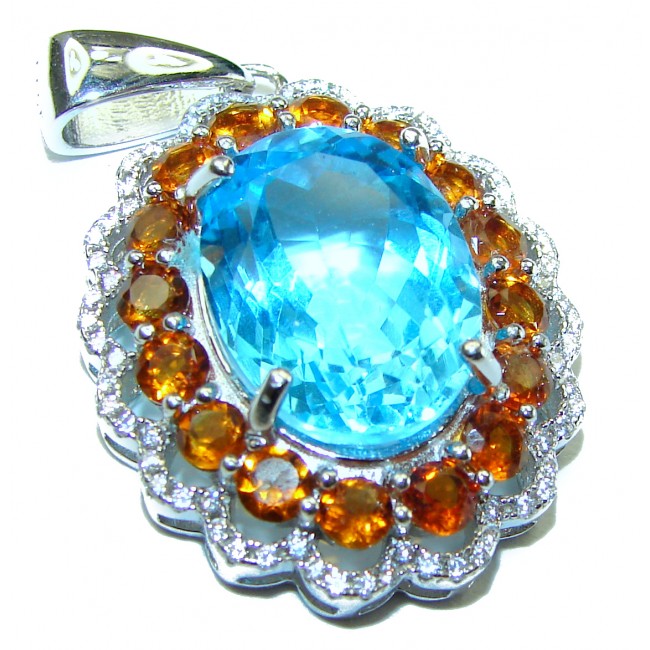 Luxurious 15.6 carat Swiss Blue Topaz Orange Sapphire .925 Sterling Silver handmade Pendant