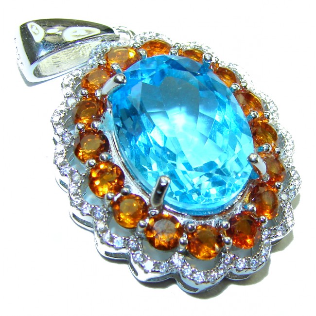 Luxurious 15.6 carat Swiss Blue Topaz Orange Sapphire .925 Sterling Silver handmade Pendant