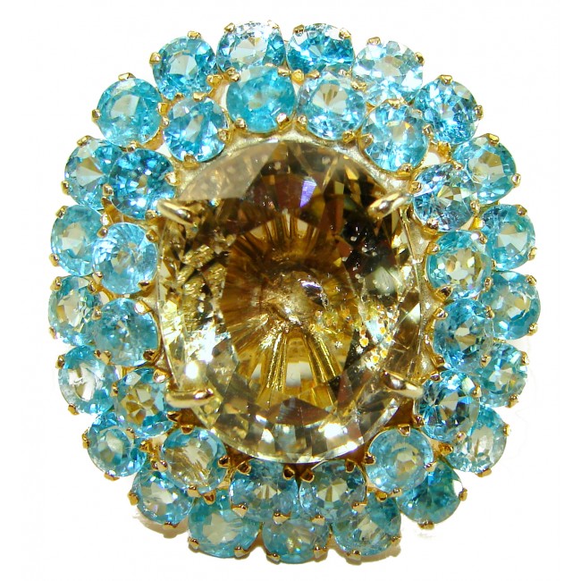 Alessandra 107.5 carat Champagne Smoky Topaz Swiss Blue Topaz 18K Gold over .925 Sterling Silver Oversized Ring size 7 1/2